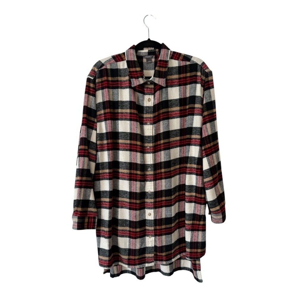 Eddie Bauer Plaid Flannel Tunic Shacket Long Sleeve Button Up Shirt Size Large